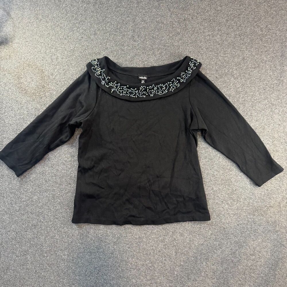 Rafaella Medium Black Ribbed Foldover Portrait Collar Beaded Blouse Top